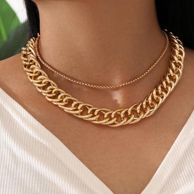 China SinDlan Style Double Layer Gold Punk Chunky Link Necklace For Unisex 2Pcs for sale