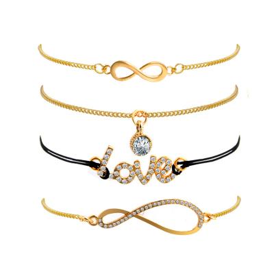 China SinDlan 4Pcs/Set ALLOY Gold Color Fashion Multilayer Crystal Infinity 8 Link Anniversary Day Wedding Couple Jewelry Bracelet for sale