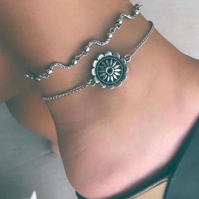 China SinDlan New Style 2Pcs/set ALLOY Beads Link Foot Jewelry Fashion Boho Anklets Small Chain Bohemian Silver Sunflower for sale