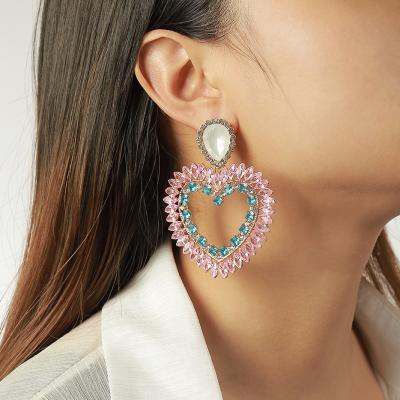 China Vintage SinDlan New Design Hyperbole Crystal Ear Jewelry Fashion Big Heart Charm Stud Earrings Full for sale