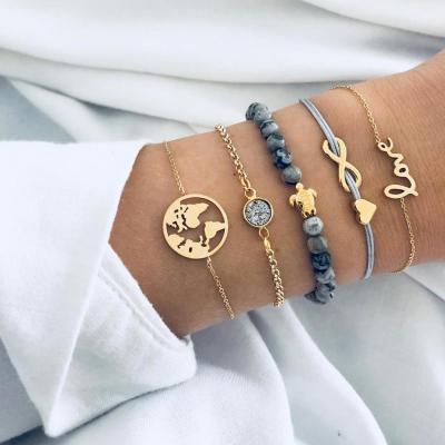 China TRENDY Woven Love 8 Letter Map of the World Turtle Gray Beaded Set with 5 Piece Diamond Stone and Pin Bracelet Set for sale