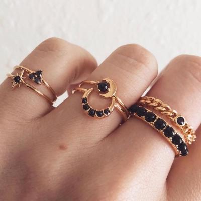 China Vintage New Product Black Crystal Women And Man Gold Metal Plated Ring Moon Star Punk Style Alloy Finger Ring 6pcs/set for sale