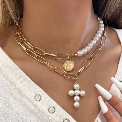 China Gold Vintage Cross Pendant Sandlan Double Pearl Necklace Pearl Necklace Charm Gift For Women for sale