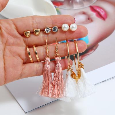 China SinDlan Wholesale Fashionable Crystal Pearl Heart Geometric Ear Stud Earrings Set Female Party Statement Jewelry Tassel Earrings for sale