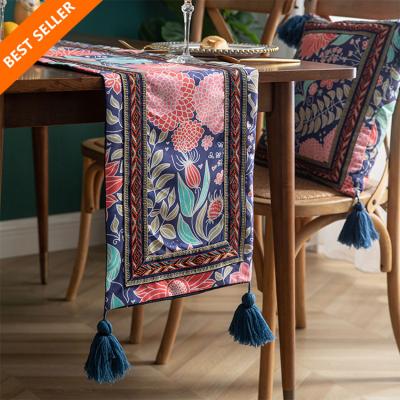 China Print of Boho Bohemian Christmas jacquard table luxury home decor woven macrame cotton floral embroidered table runner for sale