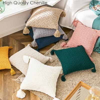 China Nordic Luxury Knitted Soft Pillow Case Bed Decorative Home Sofa Anti-Static Solid Chenille Woven Cushion Covers Tassels for sale