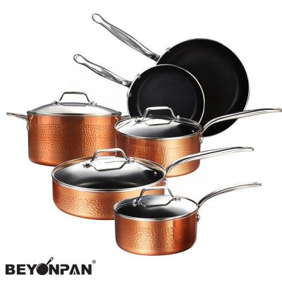 China Sustainable copper metallic coated cookware set with hammered surface, stainless steel handle for sale