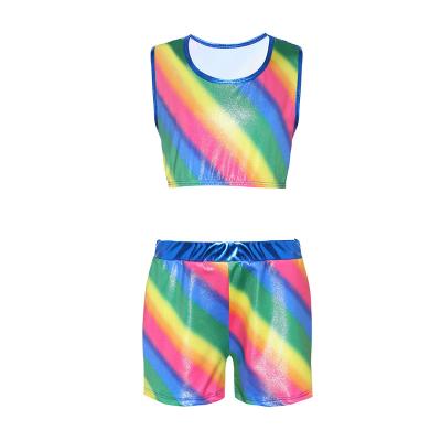 China from above & Tops Hot Sale High Quality Spandex Kids Girls Gym Wear Set Shiny Gymnastics Top With Shorts for sale