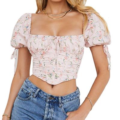 China Breathable Hot Selling Pink Floral Puff Sleeves Corset Top OEM Custom Design High Quality Women Summer Crop Top for sale