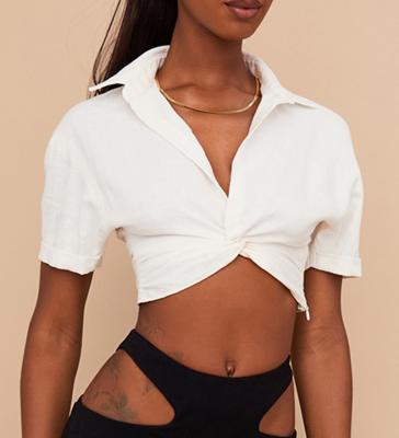 China High Quality Korean V-Neckline Anti-pilling Front Twist White Linen Crop Tops Women's Blouses And Shirts for sale