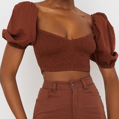 China Customized Fashion Designer Anti-pilling Zipper Brown Puff Sheath Crop Shirts Blouse Women's Anti-pilling for sale