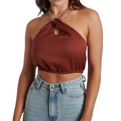 China Anti-Wrinkle Solid Color Halter Twist Crop Summer Brown Sexy Chain Tank Top 2021 Hot Sale for sale