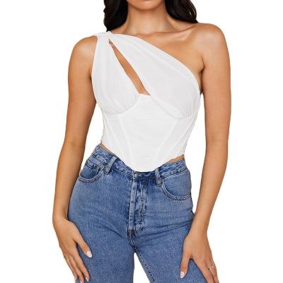 China Lady Elegant One Shoulder Breathable Good Quality Chiffon Corset Top Women Party Sleeveless Sexy Cut Out Top for sale