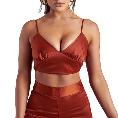 China Breathable Women Sleeveless Crop Tops Satin Spaghetti Straps Wrap V Neck Corset Crop Bustier Strappy Tank Top for sale