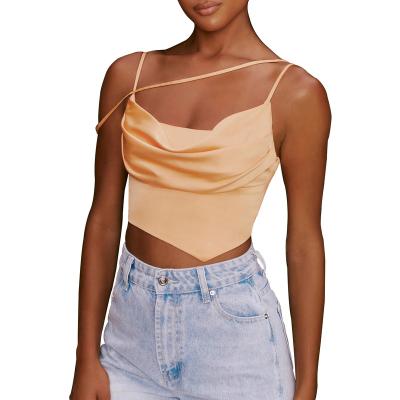 China 2021 Breathable Hot Sale Asymmetrical Satin Crop Top Sexy Solid Yellow Color Top for sale