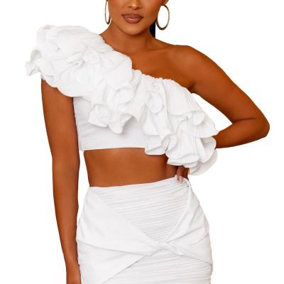 China Top Quality Breathable One Shoulder Short Sleeve Ruffle White Crop Top for sale