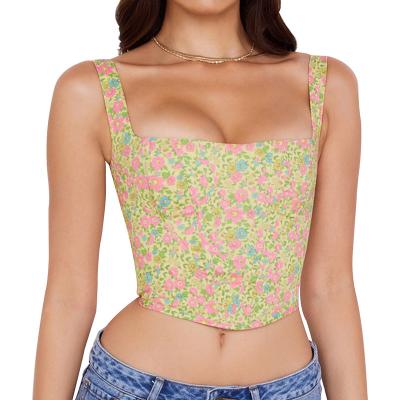 China Fashion Breathable Flower Printed Crop Top For Women Gathered Cropped Tops Camis Club Party Clothes Boned Corset for sale