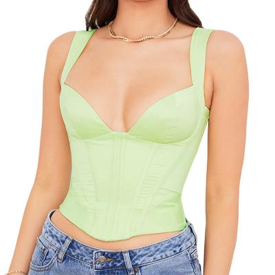 China Breathable Square Neck Satin Green Crop Tops Corset Sexy Backless Women Bustier Vest Club Sleeveless Fashion for sale