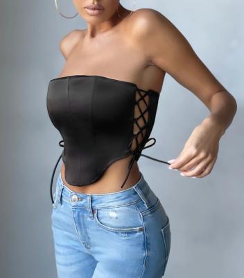 China High Quality Fashionable Streetwear Sexy Anti-pilling Lace Up Corset Female Woman's Strapless Satin Bustier Top for sale