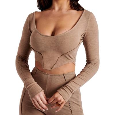 China Brown QUICK DRY Tied Collar Girls Long Sleeve Panel Crop Woman Crop Top Sexy Women Ladies Corset Tops for sale