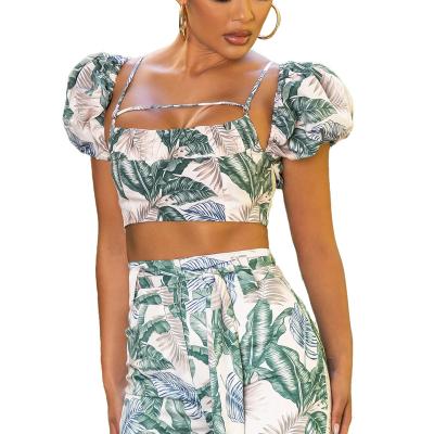 China Breathable Top Quality Breathable Print Short Sleeve Shirt Tropical Crop Top With Casual Strap Detail Top for sale