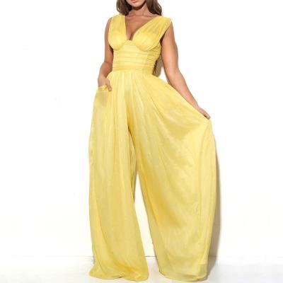 China Yellow silk pleated back dungarees casual sleeveless QUICK DRY high leg solid color summer sexy wide leg overalls for sale