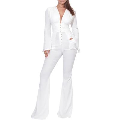 China Hot Selling Breathable Cotton Gauze Flared Fashion Long Sleeve Overalls White V-Neck Jumpsuit for sale