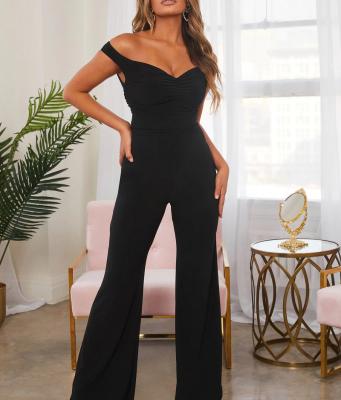 China Anti-pilling Wholesale Fashion Black Off Shoulder Casual Wide Leg One Shoulder Rompers Jumpsuit Women for sale