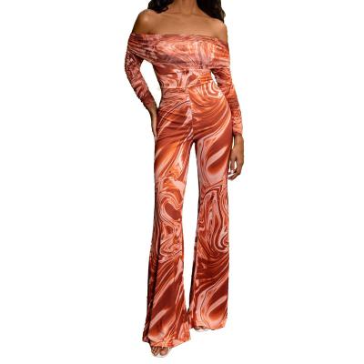 China Breathable Hot Sale Women Rust Print Ruched Mesh Bardot Jumpsuit for sale