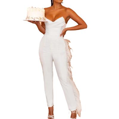 China Breathable Hot Sale Women Feather Trim Overalls White V-Neck Tailored Jumpsuit for sale