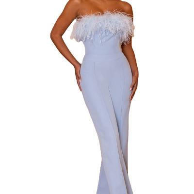 China Breathable Off The Shoulder Women Corset Jumpsuit Bandeau Blue Feather Wide Leg Jumpsuit for sale