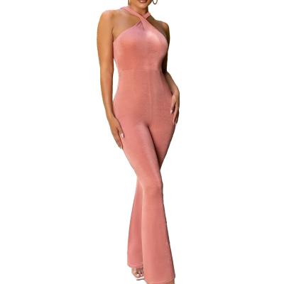 China Hot Sale Women's Bare Twist Neck Anti-Pilling Leg Overalls V-Neck Wide Leg Jumpsuit for sale