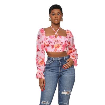 China Breathable Sexy Tops For Women 2023 Lover Feeling Floral Ladies Cultivate Shirt Top Spring Chiffon Floral Print Casual Blouse for sale