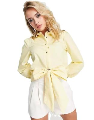 China 2023 Breathable Fashionable Women Spring Button Placket Tie Front Puff Sleeves Solid Color Top Shirt With Soft Bow Women Casual Blouse for sale