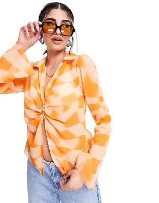 China 2023 Breathable Elegant Women Spring Top Button Placket Flared Sleeves Chiffon Shirt With Checkerboard Design Women Slim Casual Blouse for sale