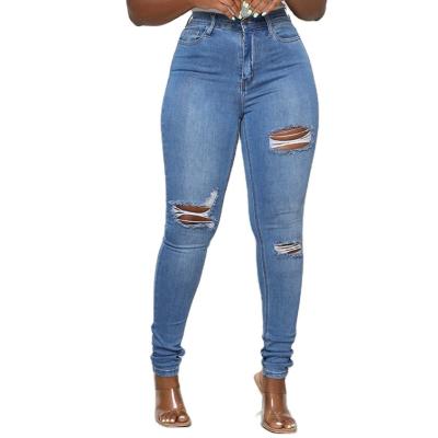 China Spandex 2023 Color Fade Proof Vintage Wash Stretch Casual Distressed High-waisted Middle Skinny Women Jeans Ripped Jeans for sale