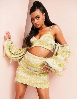 China 2023 Sale Women Breathable Hot Clothing Fashion Gorgeous Bardot Puff Sleeve Fringe Crop Beaded Top And Mini Skirt Set for sale