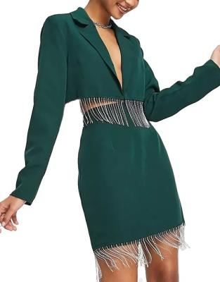 China Anti-pilling 2023 Best Selling Women Autumn Sets Woven Short Blazers and Mini Skirt Two Piece Sets with Embellishment Trim for sale