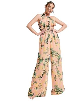 China 2023 Desgin Floral Print Popular High Neck QUICK DRY Chiffon Elastic Gathered Wide Leg Wide Leg Overalls for sale