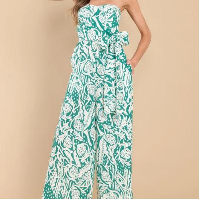 China Latest Sweetheart 2023 Sweetheart Floral Print Strapless QUICK DRY Neckline Wide Leg Overalls For Women for sale