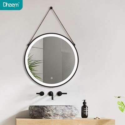 China DHEEM Wall Magnifying Black Framed LED Round Mirror With Leather Strap for sale