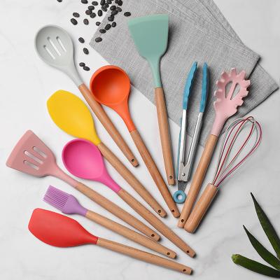 China Multi Stocked Heat Resistant Nonstick Edible Color 11pcs Silicone And Wooden Grade Silicone Utensils Kitchen Utensils Set Cooking Tool for sale