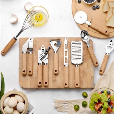 China Wholesale Stocked Stainless Steel Cookware Set Wooden Handle Kitchenware 9pcs Set of Tools Instrument Cooking Set for sale