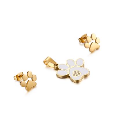 China Simple Cute Gold Plated Enamel Dog Cat Footprints Stainless Steel Earrings Necklace Jewelry Set for sale