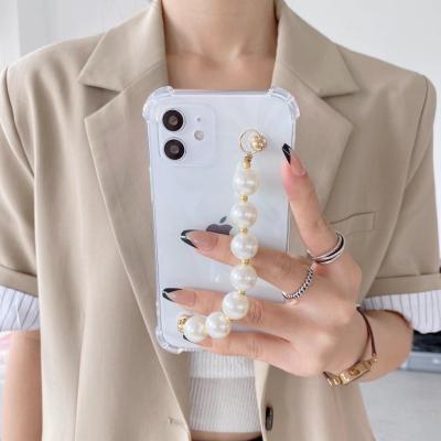 China Anti-drop For iPhone Case For Women Girls Bling Bling Pearl Strap Soft Phone Case For iPhone 12 Pro Clear Case Pearl Chain for sale