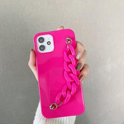 China Anti-drop Phone Cover Rose Pink For iPhone 11 12 Case Woman Pro With Hand Strap Wrist Strap Hand Band Case For iPhone Hot Pink for sale