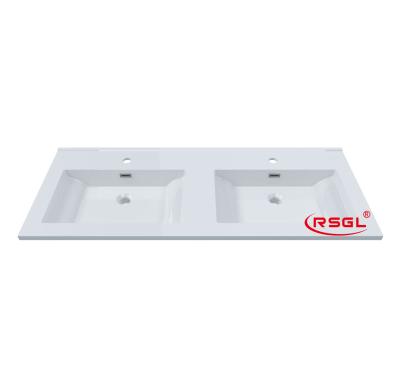 China Durable Double Bowl Bathroom Sink Artificial Stone Sinks With Two Hole Wash Basin for sale