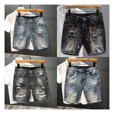 China 2021 Summer New Men's Fashion Embroidery Jeans Shorts Men's QUICK DRY Light Blue Distress Denim Shorts for sale