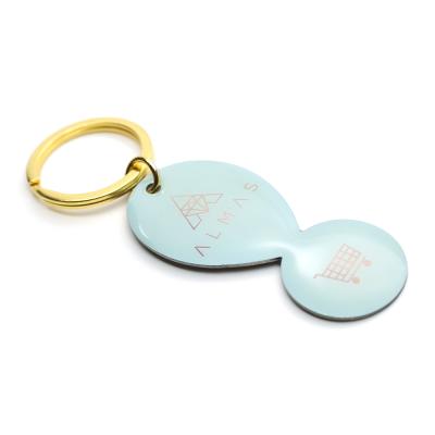 China Supermarket Shopping Cart Gold Color Iron CMYK Stainless Printing With Brand Epoxy Solvent Shopping Cover Key Chain for sale