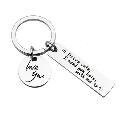 China Welcome Customize DIY Laser Logo I Need You Here With Me Love You Safe Stainless Steel Drive Key Chain for sale